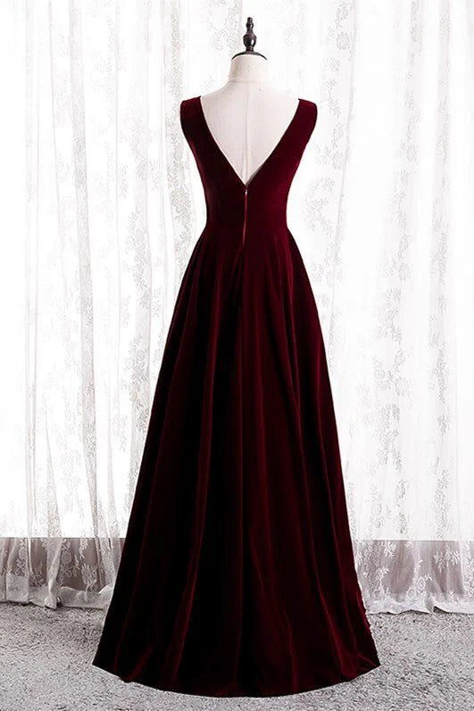 Formal Wear Dresses Simple V Neck Sleeveless Burgundy Velvet Long Party Dress Prom Dress Stores With Prom Dresses 